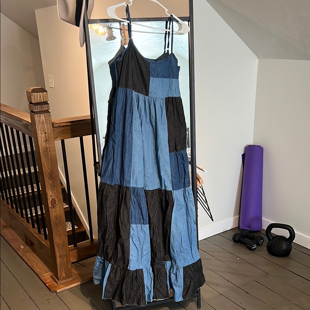 Blue and Black Patchwork Maxi Dress